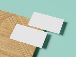 A clean and minimalist business card mockup on a wooden surface, set against a pastel blue background with a shadow cast for a professional look. photo