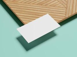A high-quality business card mockup on a wooden background with a cool teal tone, perfect for showcasing sleek and minimalistic brand identity designs. photo