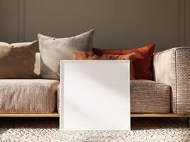 Elegant Frame Mockup with Soft Color Palette and Textured Sofa photo