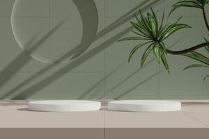 Podium with multiple layers, soft lighting, and green plants. photo