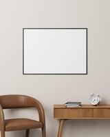 Horizontal black photo frame on a wall with a stylish desk setup featuring a brown chair, books, and a classic clock.