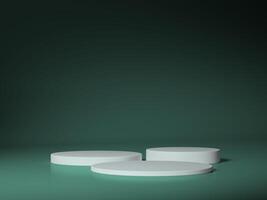 Two white circular podiums placed on a dark green background, creating a contemporary and minimalist presentation style. photo