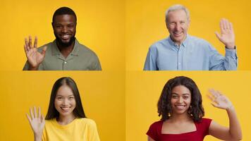 A collection of four individuals from various backgrounds wave hello against a vibrant yellow background, showcasing diversity and warmth in their gestures and smiles. video