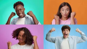 Four diverse adults and children express happiness and success with fists raised in celebration. Their emotional gestures reflect triumph and joy against colorful backgrounds. video