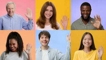 A collage featuring a diverse group of individuals smiling and waving in an uplifting manner. Each person contributes to the positive, welcoming atmosphere with their gestures. video