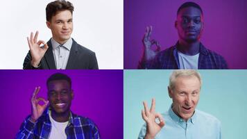Four men from diverse backgrounds are making the okay gesture, showcasing inclusivity. The brightly colored backgrounds enhance the engaging atmosphere of the composition. video