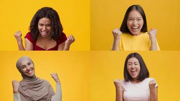 Four women celebrate their victories with enthusiastic gestures and joyful smiles against a bright yellow background. Each individual displays a unique expression of happiness and triumph. video