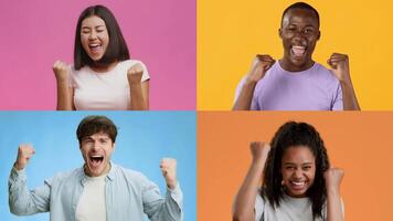 A vibrant collage features a diverse group of adults and kids joyfully expressing emotions. Their gestures of excitement convey feelings of success and victory in a lively setting. video