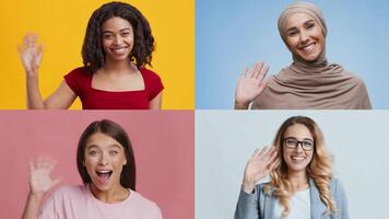A collection of cheerful individuals from different backgrounds waving hello. Each person displays a warm smile, embodying the spirit of diversity and friendly greetings. video