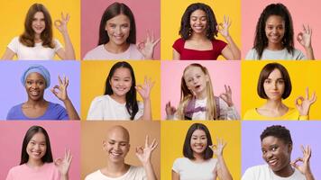 A vibrant collage featuring women of different backgrounds joyfully making ok gestures. The colorful backdrop enhances the lively atmosphere, showcasing their diverse expressions and styles. video