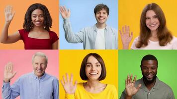A cheerful collage featuring a diverse group of individuals joyfully waving hello. Each person displays happiness and positivity against vibrant, solid backgrounds. video