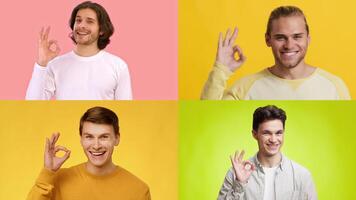 Four men from different backgrounds showcase the OK gesture, each filled with enthusiasm. They stand against vibrant backdrops in a lively celebration of diversity and positivity. video