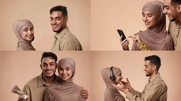 A happy Middle Eastern couple engages in playful interactions, showcasing love and connection. Their gestures reflect a strong bond as they enjoy life together in a neutral background. video