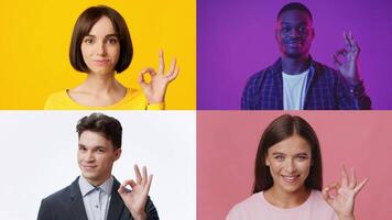Four individuals express positivity through the OK gesture, each set against unique, colorful backgrounds. This collection highlights diversity in lifestyle and emotions. video