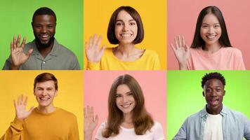 A cheerful collection of multiracial individuals expresses joy by waving and smiling. Each person showcases their unique happiness against vibrant colored backdrops. video