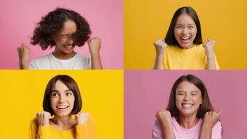 Four happy women express their excitement and joy with raised fists in a colorful setting, showcasing their enthusiasm for winning and achievement. The scene radiates positivity and celebration. video