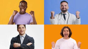 Four men express their excitement and happiness with fist pumps and cheers. Each individual showcases a unique ambiance, emphasizing a moment of triumph and joy against bright, colorful backgrounds. video