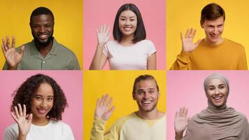 A joyful group of six multiracial individuals wave hello with positive expressions. Each person showcases unique backgrounds, fostering a spirit of inclusivity and warmth. video