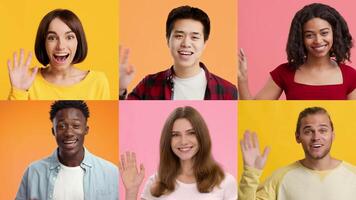 A collage of multiracial individuals smiling and waving hello in bright backgrounds. Each person expresses joy and positivity, creating a lively atmosphere of connection. video