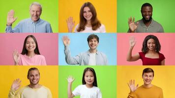 A vibrant collage features multiracial people of various ages joyfully waving hello. Each person displays a positive expression while standing against colorful backgrounds, symbolizing inclusivity. video