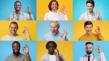 A collage of nine men from different backgrounds making the okay hand gesture. Each is smiling against vibrant blue and yellow backdrops, expressing positivity and inclusivity. video