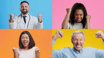 Diverse adults and children express happiness and excitement through joyful gestures and uplifting emotions. Each individual showcases a unique moment of celebration in colorful backgrounds. video