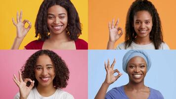 Four women of different backgrounds joyfully display the okay gesture against colorful backgrounds. Their expressions radiate positivity and confidence in this lively, isolated setting. video