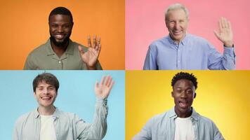 A collection of diverse individuals smiling and waving hello in a vibrant setting. Each person expresses happiness and friendliness, showcasing multiracial interactions. video