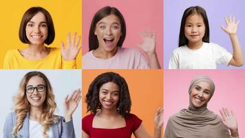A collection of diverse individuals smiling and waving. They represent various backgrounds and ages, conveying a joyful greeting. video
