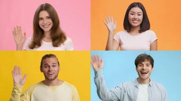 A cheerful collection of four individuals from different backgrounds waving and greeting. Each person appears in front of a vibrant pastel backdrop, showcasing a friendly and welcoming atmosphere. video