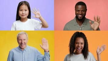 A vibrant collection of diverse individuals from different backgrounds greeting with friendly waves. Each person smiles warmly against bright, colorful backdrops, creating a welcoming atmosphere. video