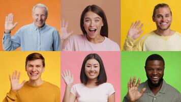 A collection of six individuals from various backgrounds waving happily. Each person expresses warmth and positivity, set against vibrant, colorful backgrounds that enhance the cheerful atmosphere. video