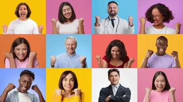 Cheerful individuals of various ages and backgrounds share joyous moments, expressing excitement and triumph. Their gestures reflect happiness and a sense of achievement in a vibrant setting. video