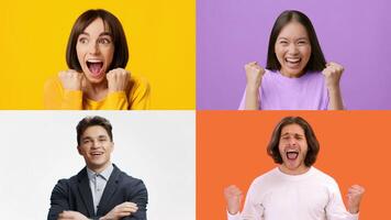 A collection of cheerful adults and kids celebrates their success with joyful gestures and expressions. The vibrant colors enhance their emotions of happiness and triumph in a lively setting. video