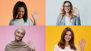 Four diverse individuals, each smiling and waving their hands in a friendly gesture. This cheerful collection showcases affection against vibrant backgrounds. video