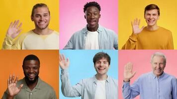 A joyful collection of individuals from various backgrounds smiling and waving with enthusiasm. The vibrant colors enhance their cheerful greetings, showcasing diversity and friendliness. video