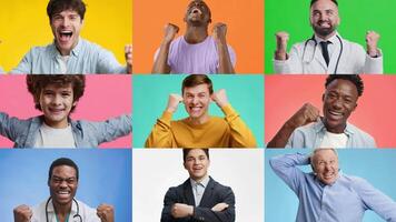 Nine men showcase their happiness in a vibrant collage, each displaying unique gestures of excitement and victory. video