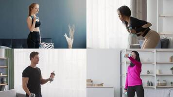 A collection of four individuals from diverse backgrounds is seen working out indoors. Each person is using weights to enhance their strength and fitness. This healthy lifestyle promotes wellness. video
