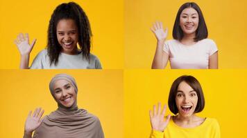 A collection of diverse individuals from different backgrounds joyfully greeting the viewer with smiles and waves. video