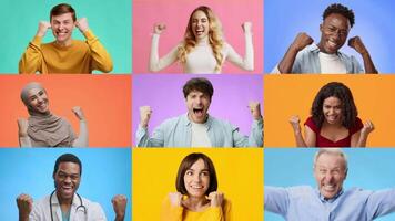 A joyful assembly of diverse adults and children express their triumph through enthusiastic gestures. Their smiles reflect happiness and a sense of achievement, creating an uplifting atmosphere. video