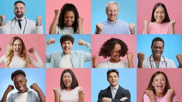A vibrant collage of diverse adults and children expressing joy and excitement. Their cheerful faces and gestures showcase a collective feeling of triumph and happiness in a colorful setting. video