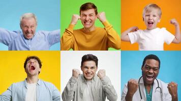 A cheerful group of six men shows expressions of joy and excitement, celebrating victory. Their diverse ages and backgrounds create a lively atmosphere against vibrant backgrounds. video