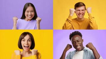 A cheerful collection of adults and kids display joyous emotions. Their enthusiastic gestures express victory and happiness against vibrant backgrounds, symbolizing unity and celebration. video