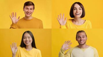 A collection of diverse individuals smiling and waving hello in a bright yellow setting. Each person expresses joy and warmth through their gestures, showcasing a friendly atmosphere. video