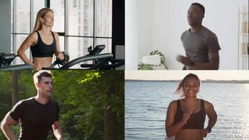 A diverse group of people of various backgrounds participates in athletic activities. Some are running outdoors by a lake, while others are exercising in a fitness center. video
