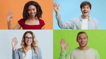 Multiracial individuals express a warm greeting by waving their hands. This lively collection showcases friendly gestures in vibrant colors, creating a joyful atmosphere. video