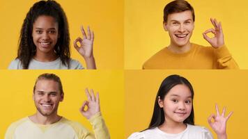 Four individuals of different ages and backgrounds display the okay gesture, conveying joy and positivity against a vibrant yellow background, highlighting diversity and unity. video