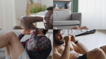 A set of individuals from various backgrounds perform core workout exercises at home in bright, inviting spaces. They focus on maintaining fitness through dynamic routines. video