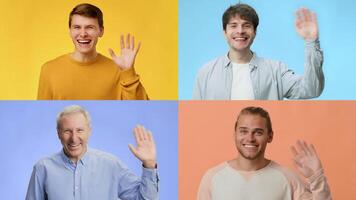 A cheerful and diverse assortment of individuals is captured waving hello with smiles. This vibrant collage showcases unity. video