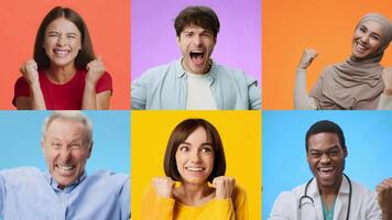 A vibrant collection of diverse adults and kids expressing joy with gestures of celebration. Each person displays a unique emotion, creating a lively atmosphere of success and happiness. video